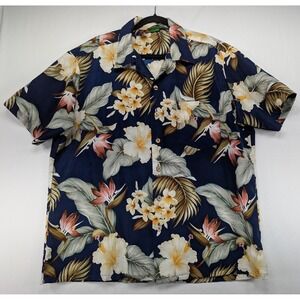 Roundy Bay Mens XL Hawaiian Shirt Navy Blue Tropical Floral Hibiscus